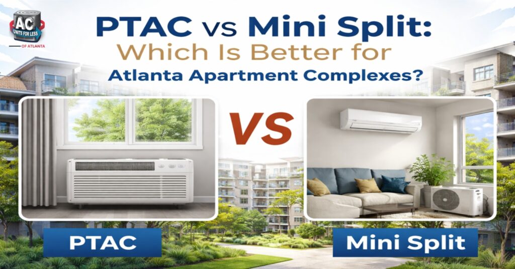 Discover PTAC vs Mini Split systems compare efficiency, cost, installation, and performance to choose the right solution for your space with AC Units For Less.